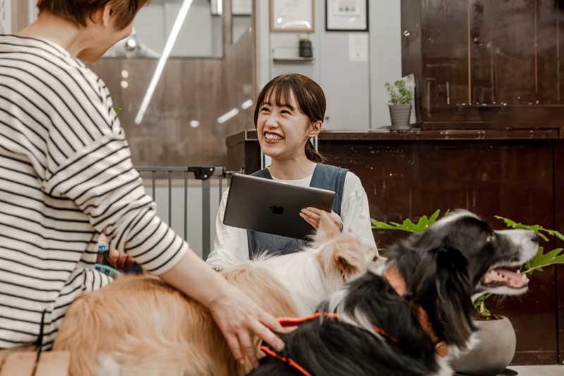 受付で飼い主と犬を迎えるスタッフ